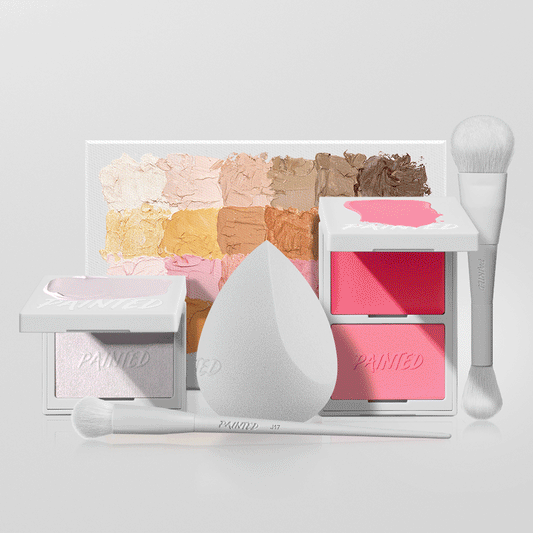 Highlighter Full Face Bundle with Basic Canvas palette, blush duo, highlighter, white sponge, J15 and J17 brushes