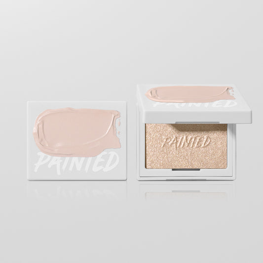 Painted Famous highlighter — closed and open compacts side by side